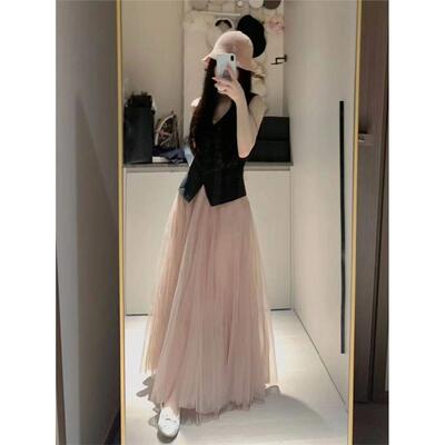 2025新款春秋粉色a字纱裙