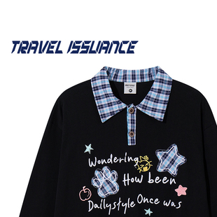 复古字母星星格子翻领宽松长袖 留下脚印 T恤男女 ISSUANCE TRAVEL