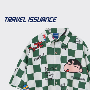 ISSUANCE 衬衫 治愈小新 卡通棋盘格男女宽松短袖 港风夏季 TRAVEL