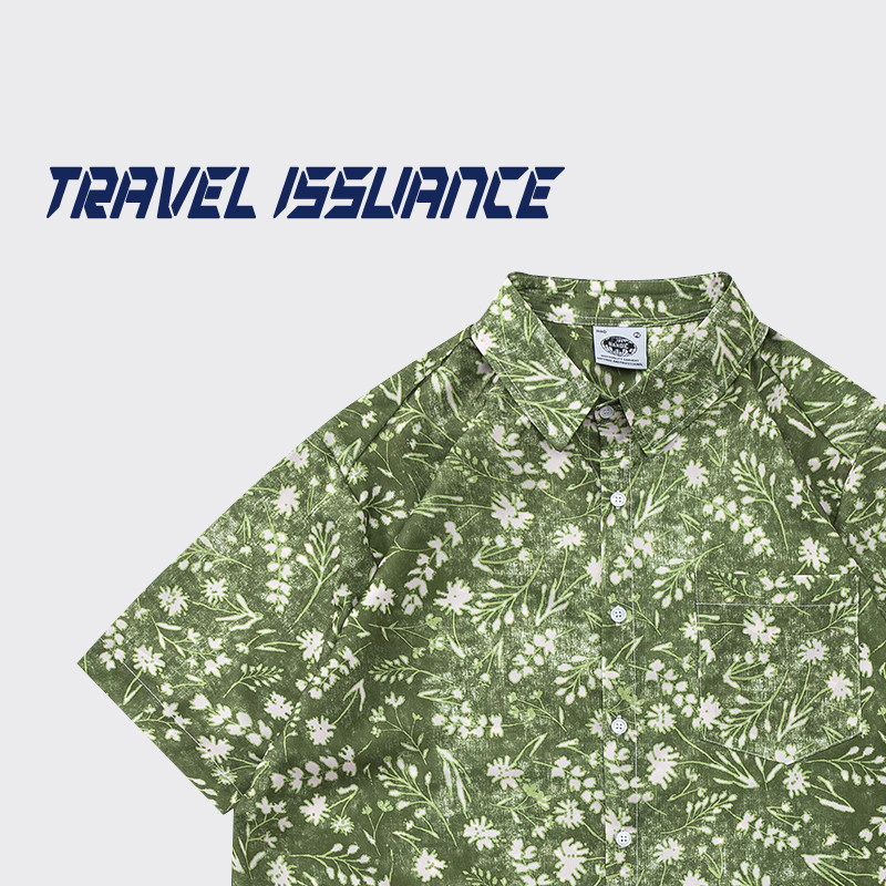 TRAVEL ISSUANCE 草本植物 国潮牌复古满印短袖花衬衫宽松情侣tee