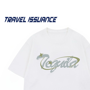 TRAVEL ISSUANCE 喜欢眼前 潮牌美式复古字母印花宽松圆领短袖T恤