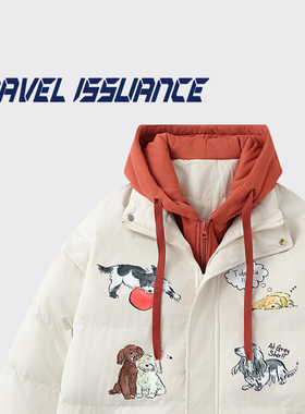 复古撞色小狗假两件棉服
