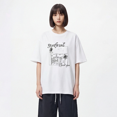 手绘海滨风景宽松短袖上衣T恤