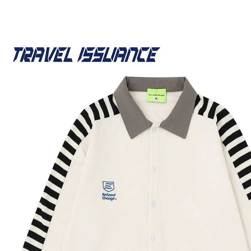 刺绣条纹拼接撞色长袖衬衫