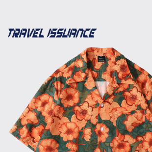 衬衫 复古满印短袖 潮牌慵懒夏威夷风情侣 ISSUANCE橙花开了 TRAVEL