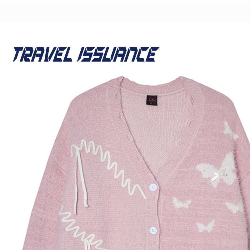 蝴蝶提花宽松破洞开衫慵懒毛衣女