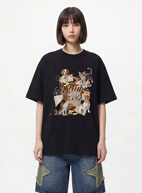 From Mars 突击偷袭 小众设计感圆领猫咪印花宽松休闲短袖T恤百搭