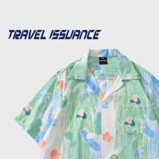 TRAVEL ISSUANCE 多巴胺出逃 撞色涂鸦满印古巴领宽松短袖衬衫bf