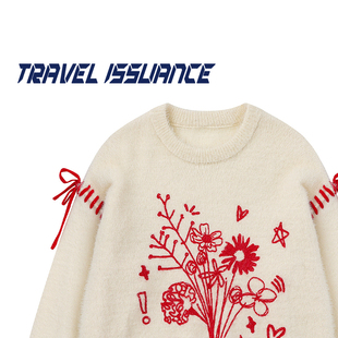 TRAVEL ISSUANCE 花开绽放 日系复古树木提花宽松圆领女毛衣百搭