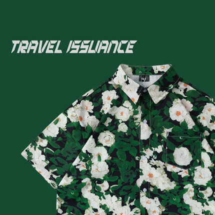TRAVEL ISSUANCE 复古绿油画花朵慵懒风潮ins休闲艺术感短袖衬衫