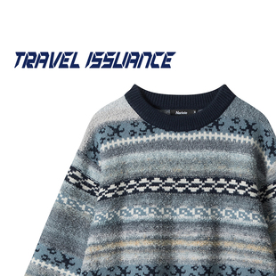 TRAVEL ISSUANCE 忘不掉的 新款撞色费尔岛提花宽松圆领毛衣女BF