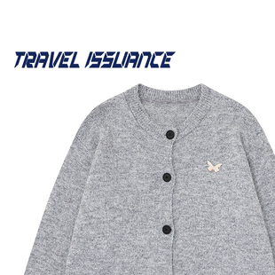 TRAVEL ISSUANCE 勇敢去做 慵懒风灰色开衫圆领宽松毛衣外套BF女