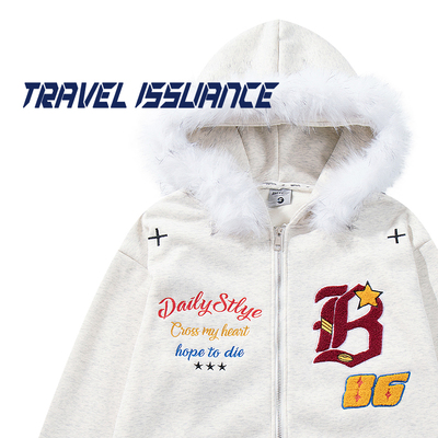 毛领加绒宽松开衫连帽卫衣女