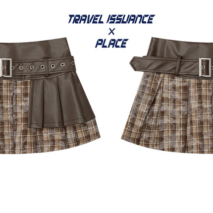 TRAVEL ISSUANCE 认真过好 美式不规则拼接皮短裙女a字半身裙高腰