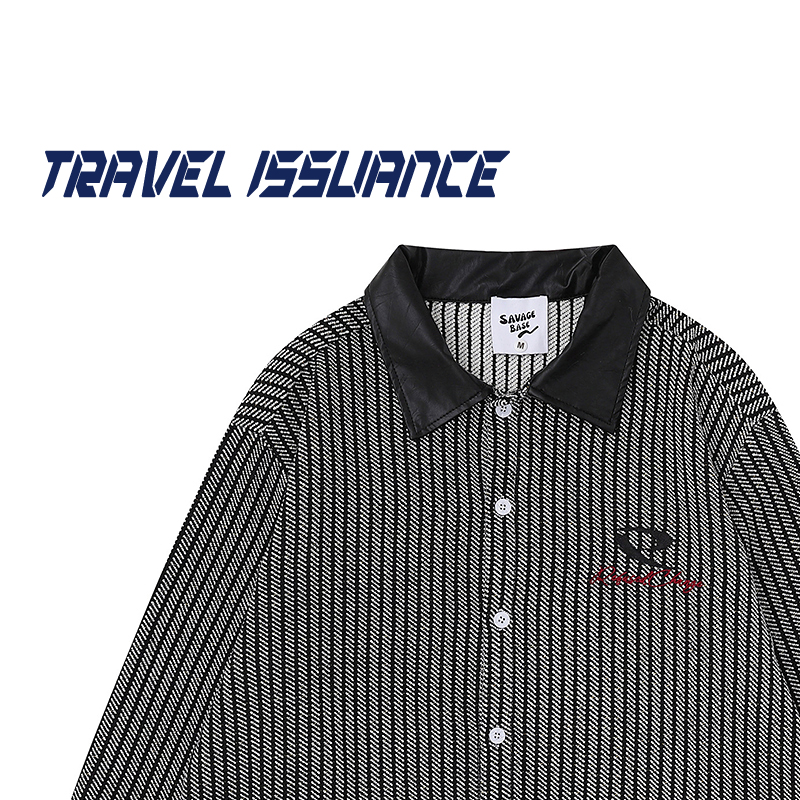 条纹翻领刺绣宽松长袖衬衫BF