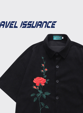 TRAVEL ISSUANCE 一枝独秀 国潮原创chic玫瑰刺绣宽松短袖衬衫BF