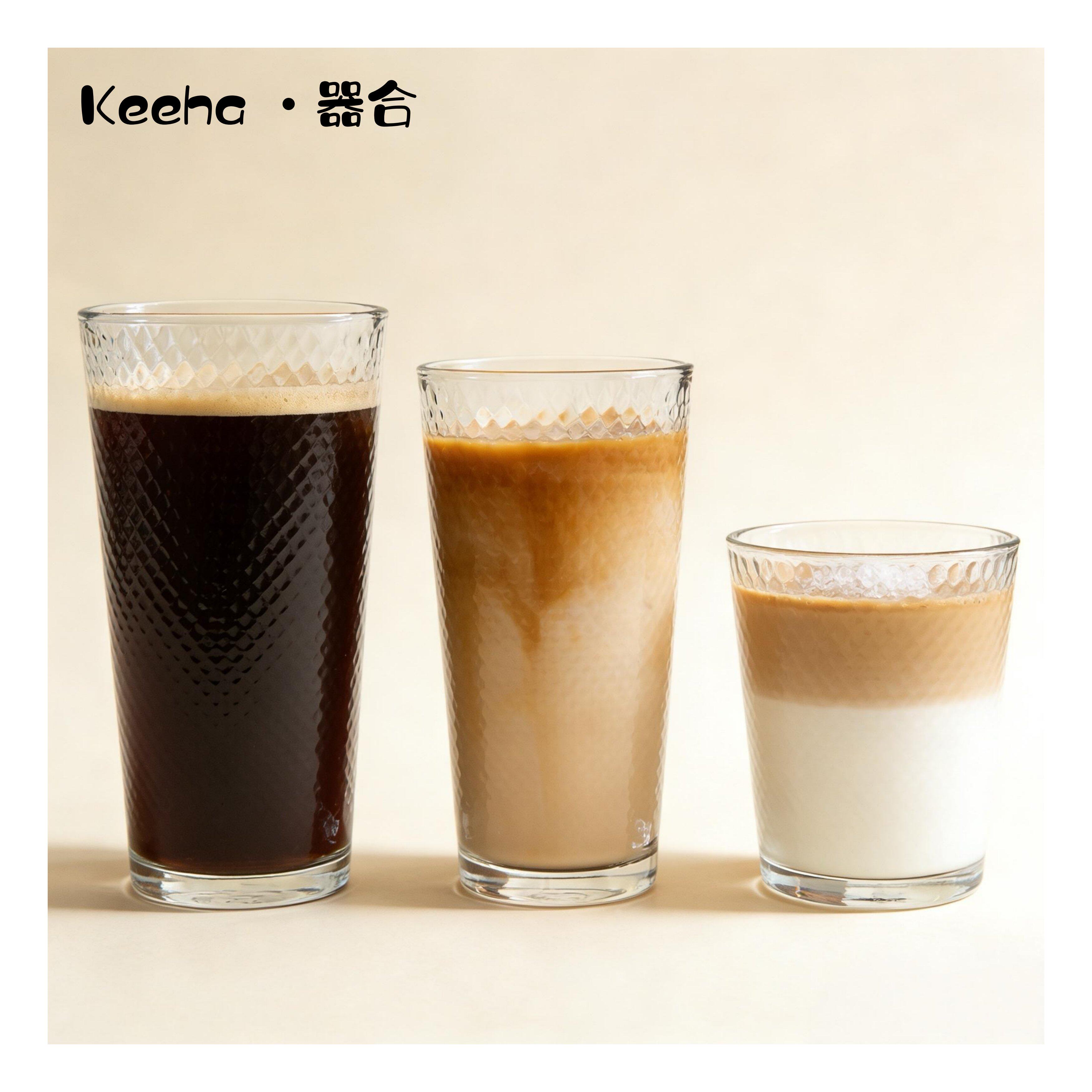 食品级钢化可叠玻璃杯大容量蜂窝纹商用美式咖啡杯果汁牛奶热水杯