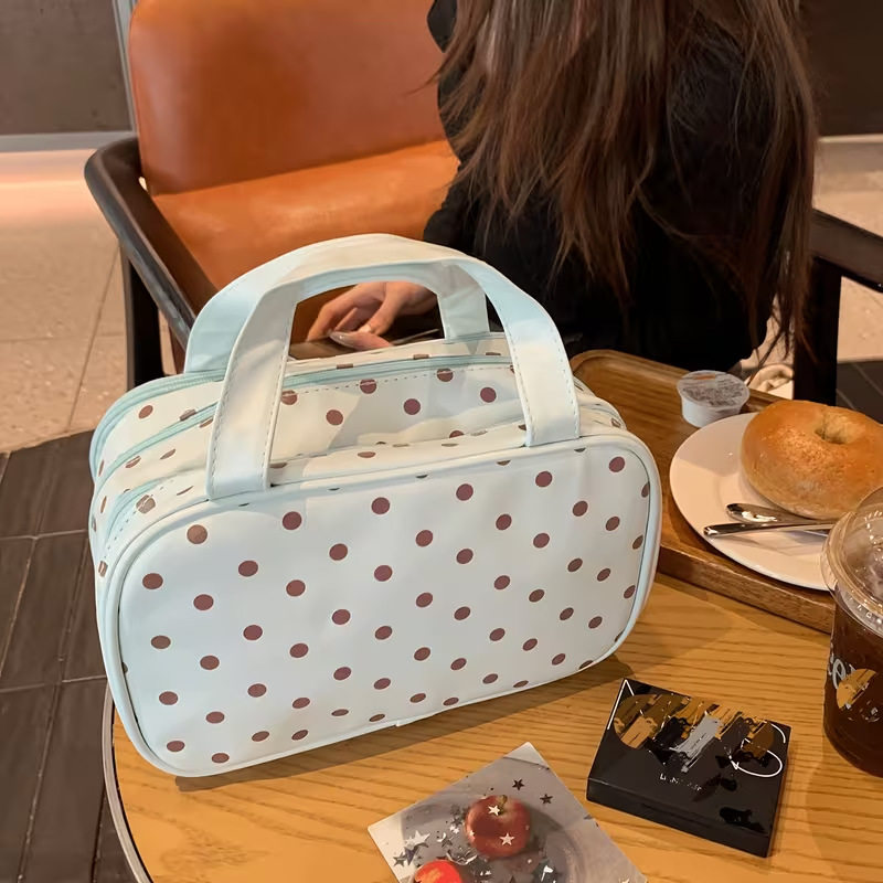 手提化妆包女薄荷波点三层分区便化妆箱/盒