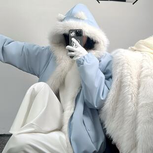冬季甜美可爱猫耳朵毛茸茸连帽棉衣女士双面穿毛毛领保暖棉服外套