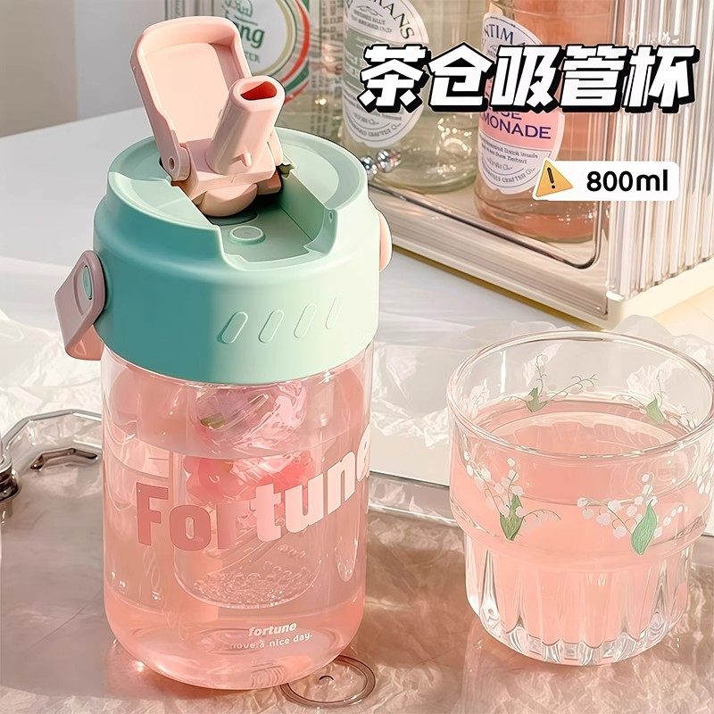 新款大容量便携茶隔水杯女生高颜值随手杯大肚吸管杯耐高温杯子