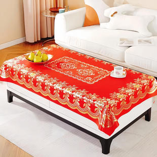 桌布防水防油免洗防烫轻奢高级感红色餐桌垫结婚茶几矩形烫金台布