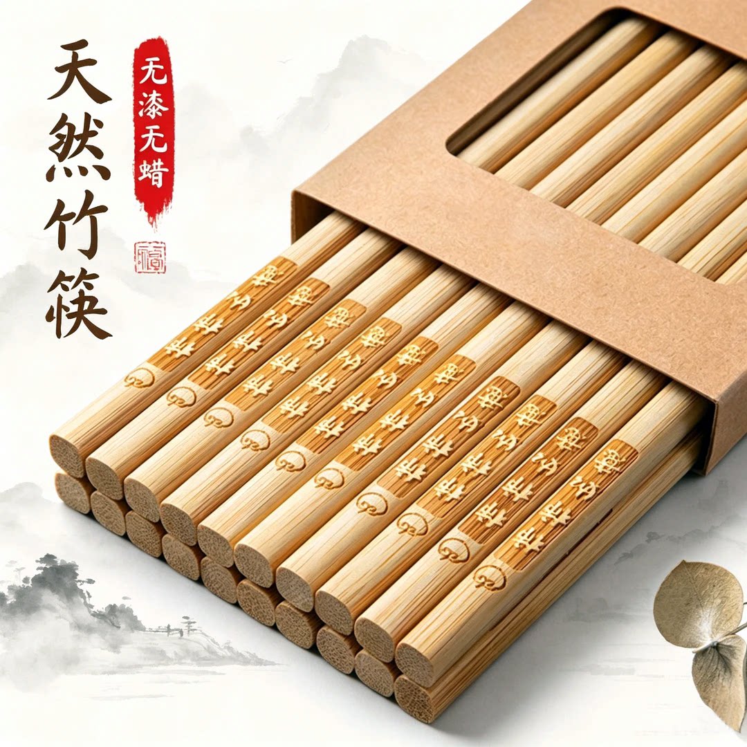 碳化楠竹筷子家用高档无漆无蜡防霉10双装深碳竹筷子柿柿如意筷子