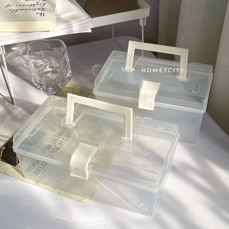 手提整理盒简约ins收纳盒透明药箱学生宿舍无印风防尘多功能药盒