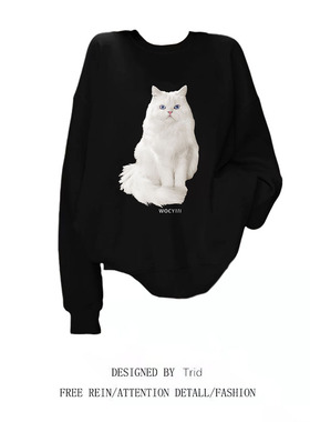 原创纯棉美式无帽圆领卫衣女秋季大码黑色oversize宽松显瘦上衣潮