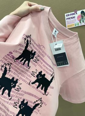 原创纯棉美式复古卡通印花短袖t恤女2024年新款夏季宽松圆领上衣