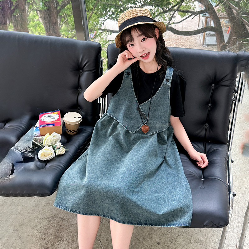 女童假两件牛仔连衣裙2025夏季新款中大童短袖拼接A字裙子中长款