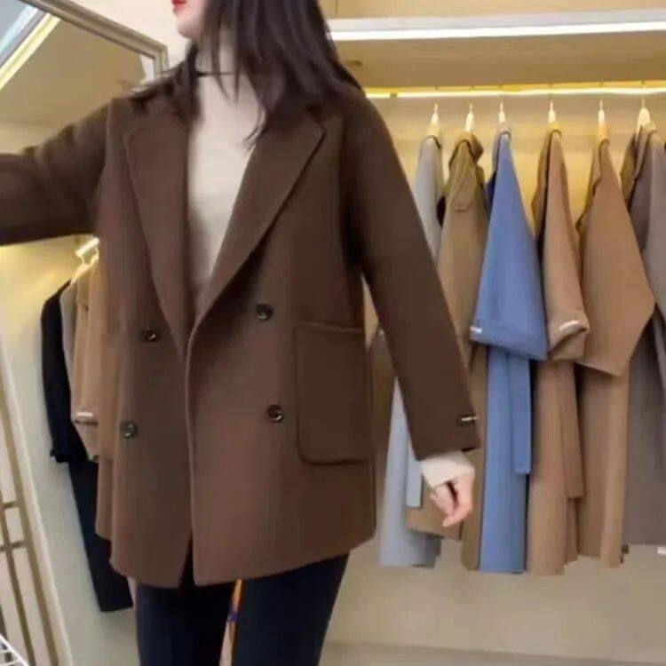 咖啡色西装领双面羊毛大衣女短款2025新款秋韩版减龄宽松毛呢外套