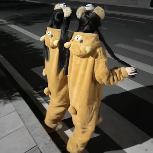 轻松熊睡袍超可爱冬季加厚睡衣摇粒绒家居服卡通保暖连帽衫连体服