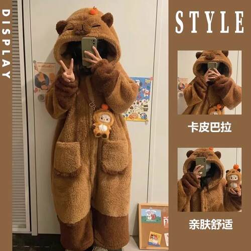 ！！可爱卡皮巴拉水豚睡袍秋冬季新款珊瑚绒睡衣女加厚家居服