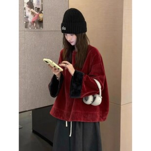 巨好看的红黑色灯芯绒卫衣秋冬女款加厚宽松慵懒风超好看韩系上衣