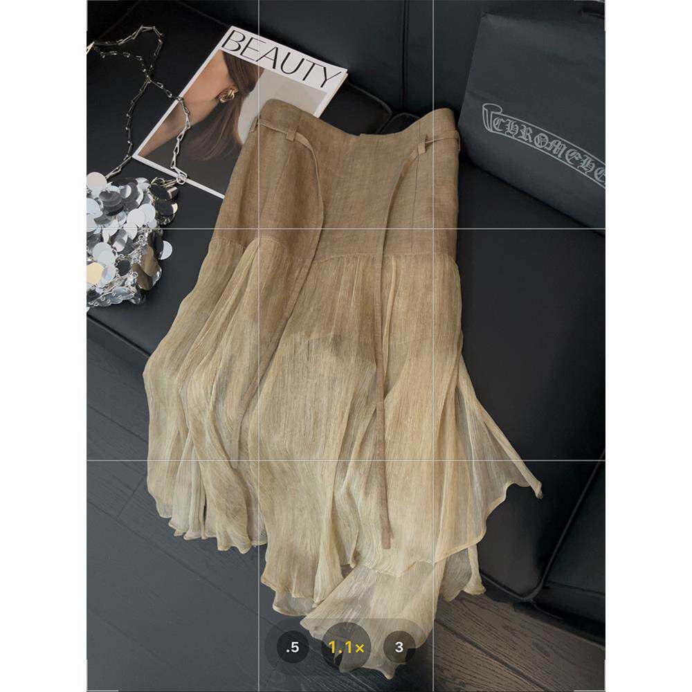 亚麻系拼接半身裙女不规则小众设计感2025新款网纱飘逸a字中长裙