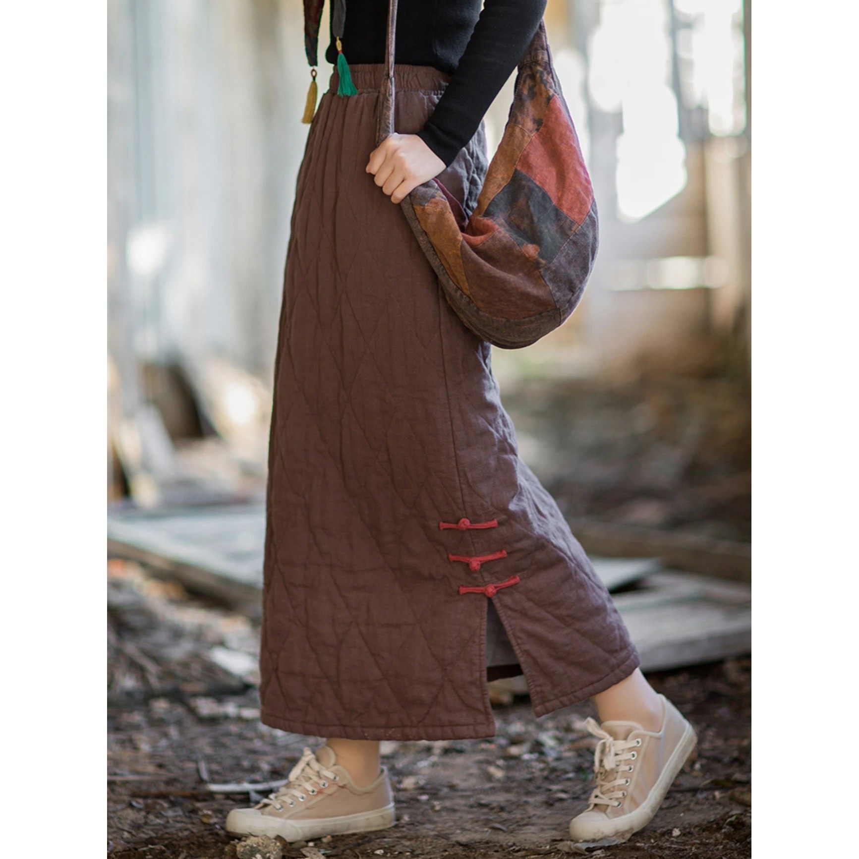 高端纯色夹棉半身裙女冬民族风菱格绗缝裙子加棉加厚保暖盘扣长裙,女装/女士精品,半身裙,淘宝优惠券,粉丝福利购,淘宝优惠卷