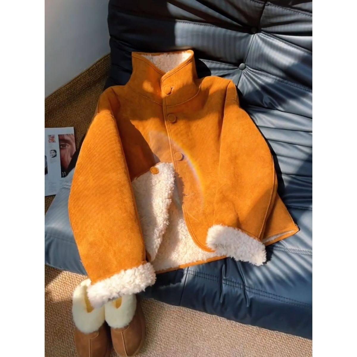 亮色新款爆款巨好看的橙色短款皮毛一体小香风羊羔绒外套女秋冬季,女装/女士精品,短外套,淘宝优惠券,粉丝福利购,淘宝优惠卷