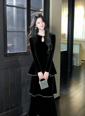 2025新款巨好看漂亮裙子宴会礼服富家千金风黑色丝绒连衣裙女秋冬