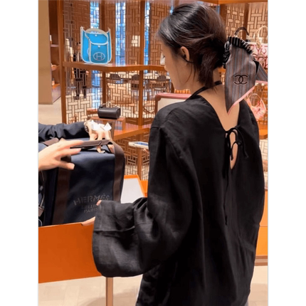 2024夏季系带长袖衬衫休闲百搭气质设计感防晒上衣女宽松显瘦衬衫
