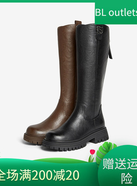 百思图2025冬季商场新款骑士靴厚底粗跟女棕色长靴F2031DG5