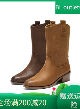 百丽显瘦时装靴子冬季新款粗高跟中筒靴美拉德休闲西部靴B2929DZ5