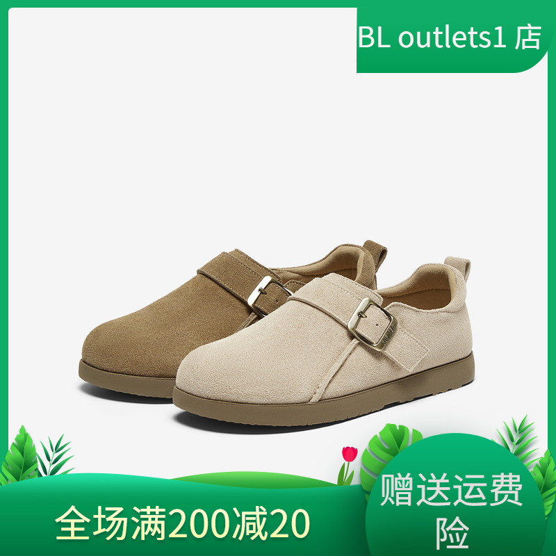 百思图2025春商场新款复古休闲真皮全包勃肯鞋平底女单鞋BG273AA5