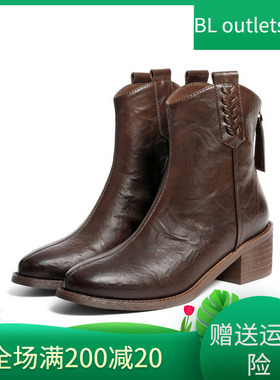 百丽女鞋子简约抓皱粗高跟时装靴2025冬季新款休闲短靴B2879DD5