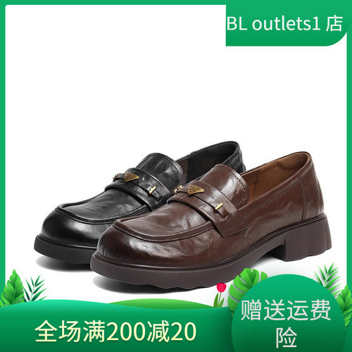 百丽乐福鞋羊皮粗跟一脚蹬女单鞋