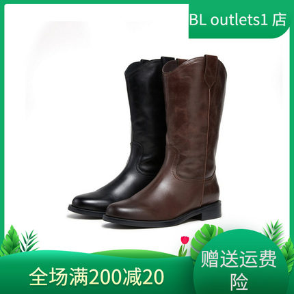 百丽真皮加绒时装西部靴女鞋冬季新款牛皮中筒瘦瘦靴子3QFD1DS5