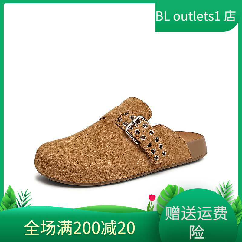 TATA他她复古厚底勃肯鞋女鞋棕色外穿包头拖鞋2025春新款GKZ01AH5