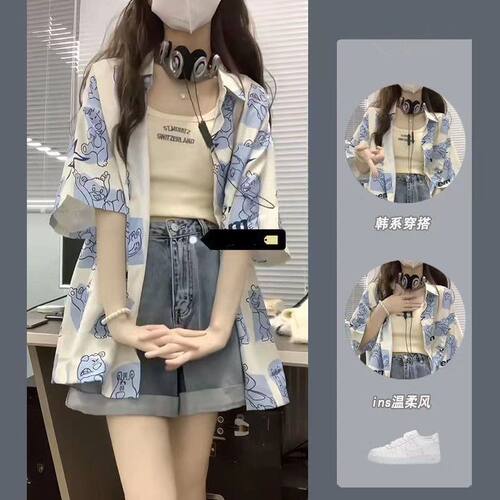 夏季学院风印花短袖牛仔三件套女