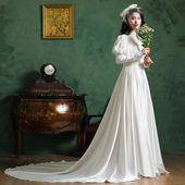 复古港风民国风缎面长袖 古董轻婚纱写真旅拍婚纱照礼服裙出门纱