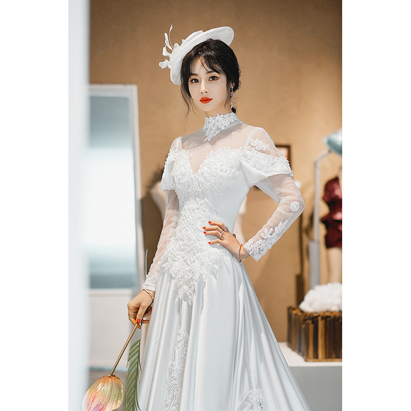 重工钉珠复古董礼服VINTAGE港风古着蕾丝影楼写真拍照拖尾轻婚纱