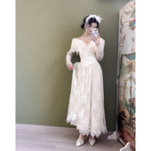 法式 复古蕾丝一字肩小个子生日订婚礼服裙高级感新娘结婚轻婚纱